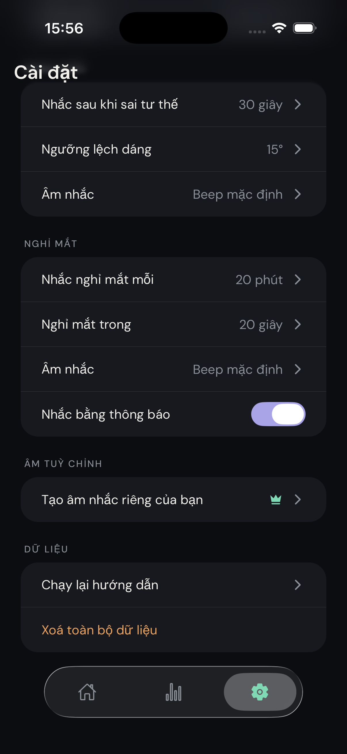 Màn hình Cài đặt với khoảng cách nhắc nghỉ mắt và thời gian nhìn ra xa