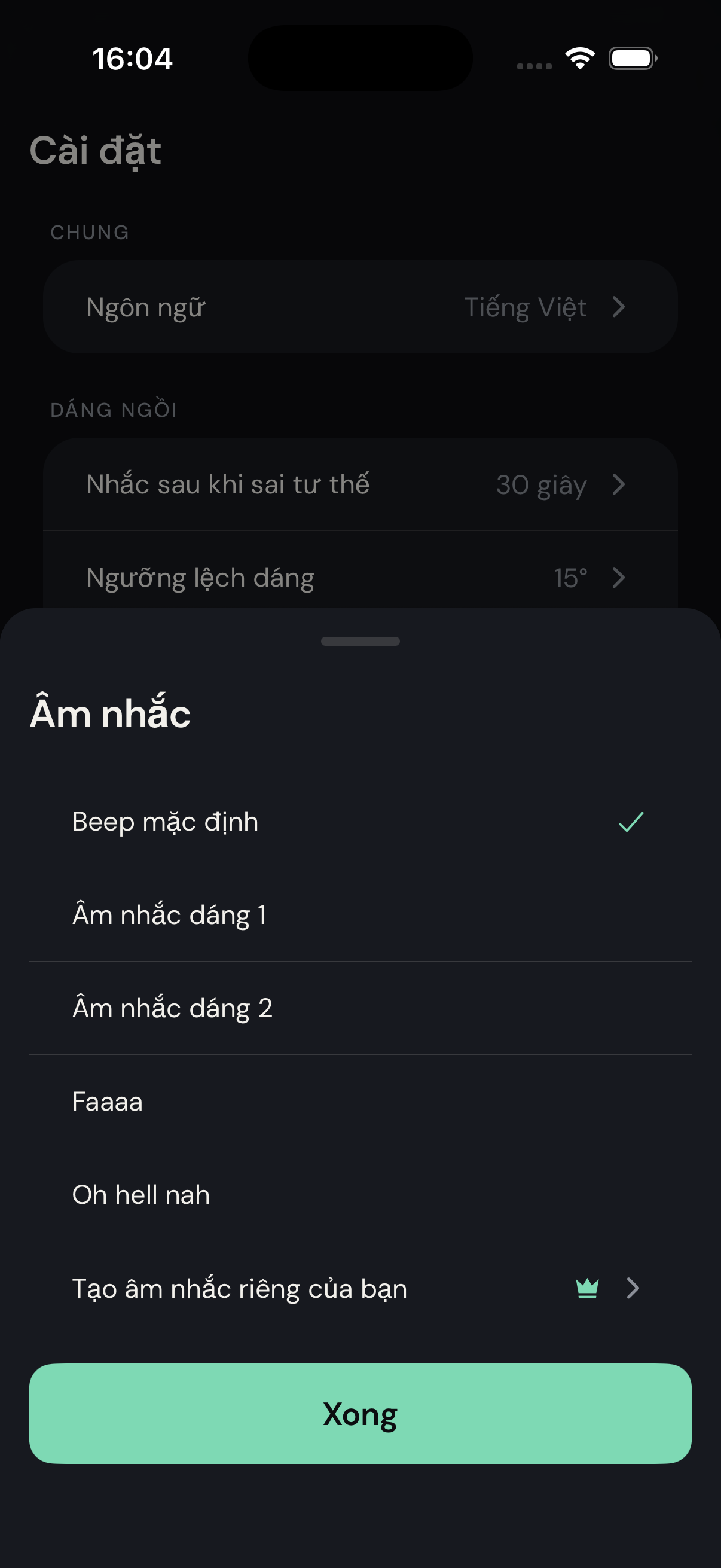 Bảng chọn âm nhắc với âm dựng sẵn và âm tự thu